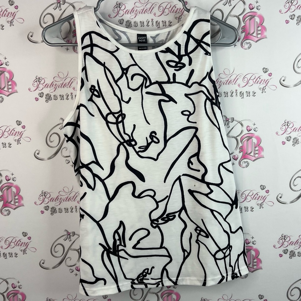 Emily rose short line work artist Abstract Black and White Women's Tank Top